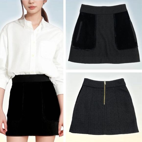 RIVER ISLAND Tweed Velvet Mini Skirt Sz 2 Gold Rear Zip - Picture 1 of 6